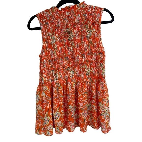 Cynthia Rowley Orange Tie Neck Floral Sleeveless Smocked Blouse Size M - Picture 2 of 7